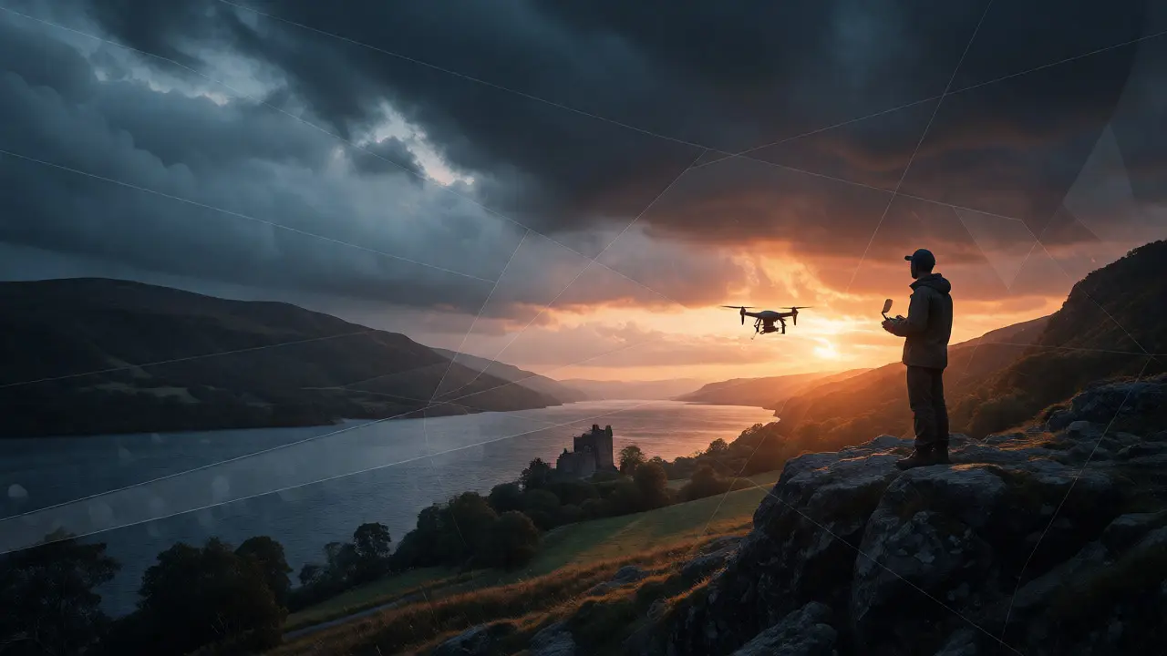 Pilot flying drone near Loch Ness at sunset with no-fly zone overlays