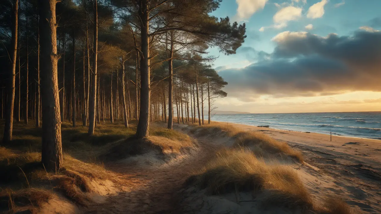 Pine trees of Tentsmuir Forest bordering a sandy beach during golden hour