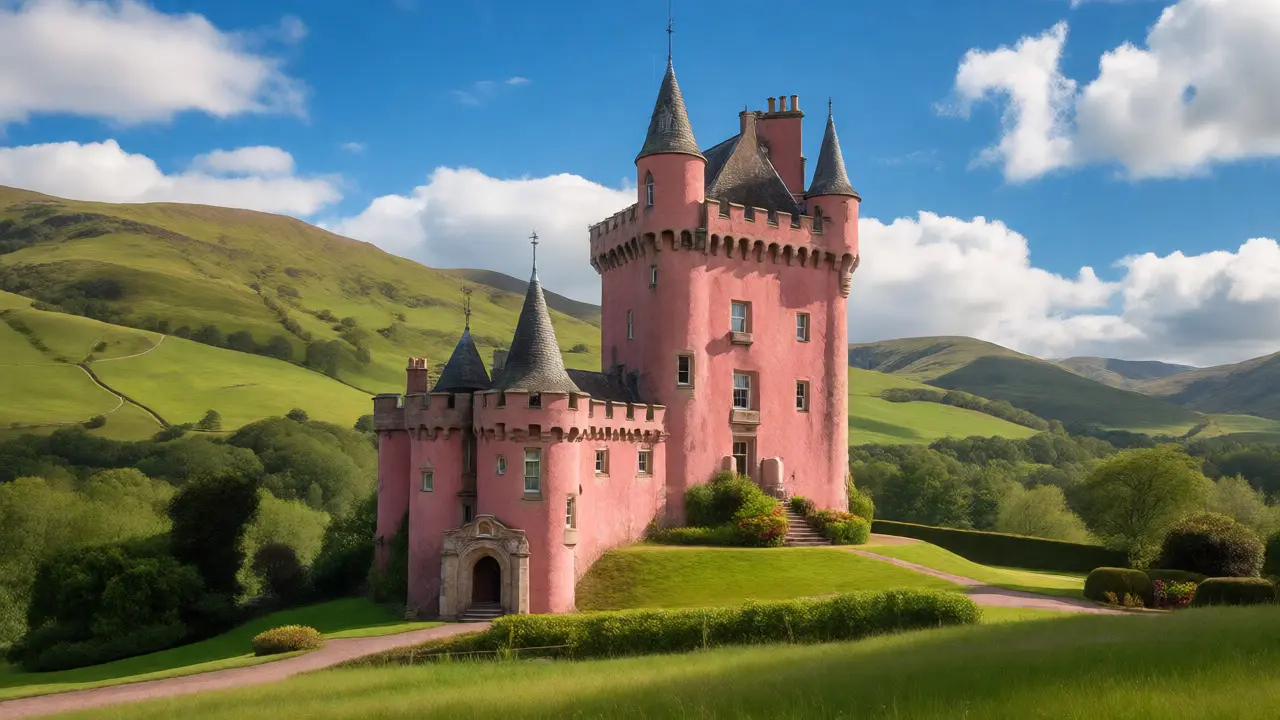 Pink-harled Craigievar Castle surrounded by green hills under blue sky