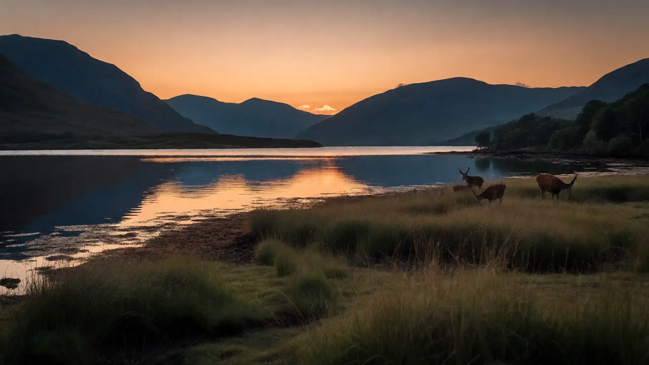 Red deer grazing by Loch Leven at twilight in the Highlands