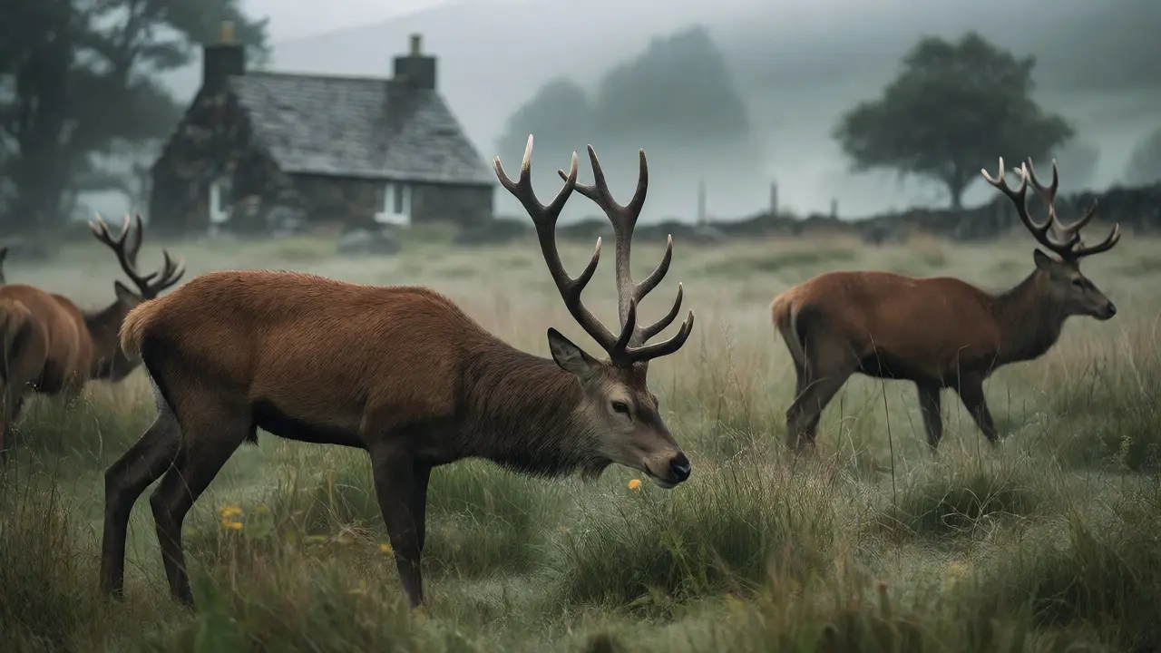 Red deer in misty Highland meadow