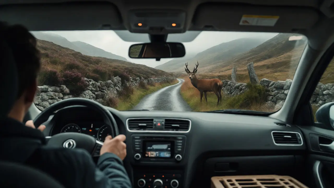 Red deer spotted on a narrow single-track road while driving through Mull.