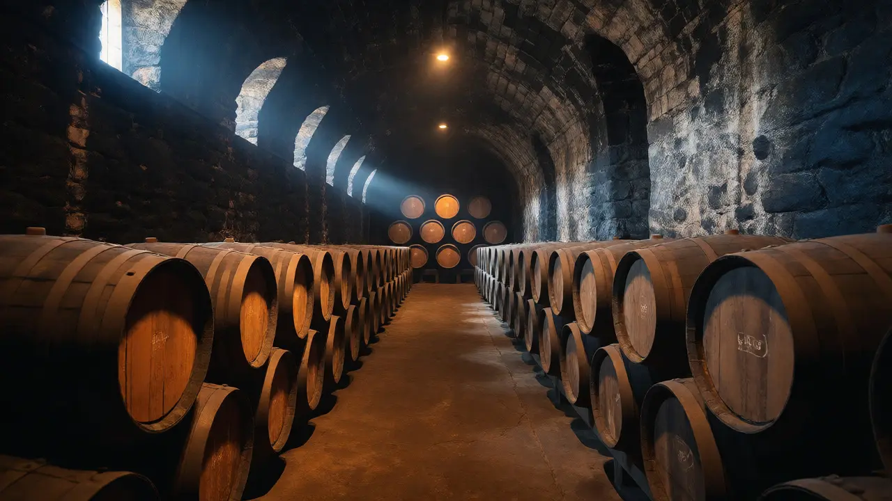 Rows of oak casks stacked in the dim, stone-walled No.1 Vaults at Bowmore.
