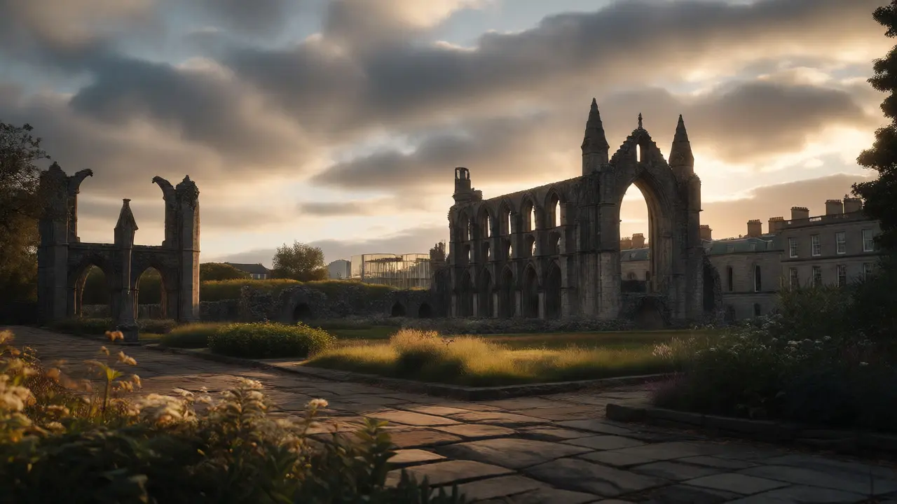 Ruins of Holyrood Abbey seen from the palace gardens with the Scottish Parliament visible in the distance at sunset.