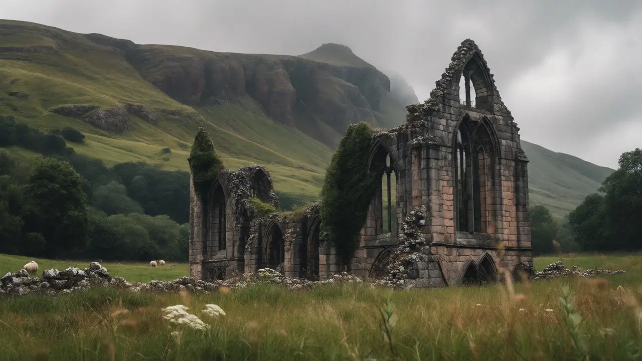 Ruins of Holyrood Abbey surrounded by wild grass with Arthur's Seat looming in the background.