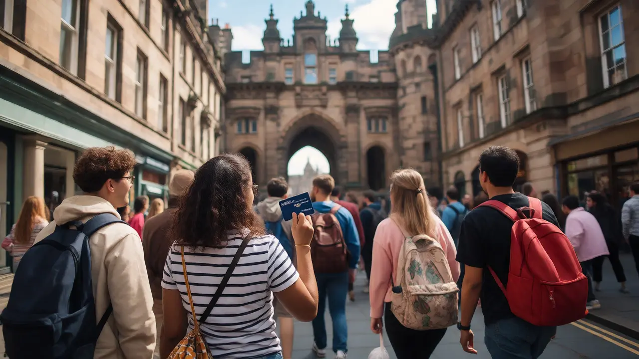 Students entering a historic site in Scotland with discount cards