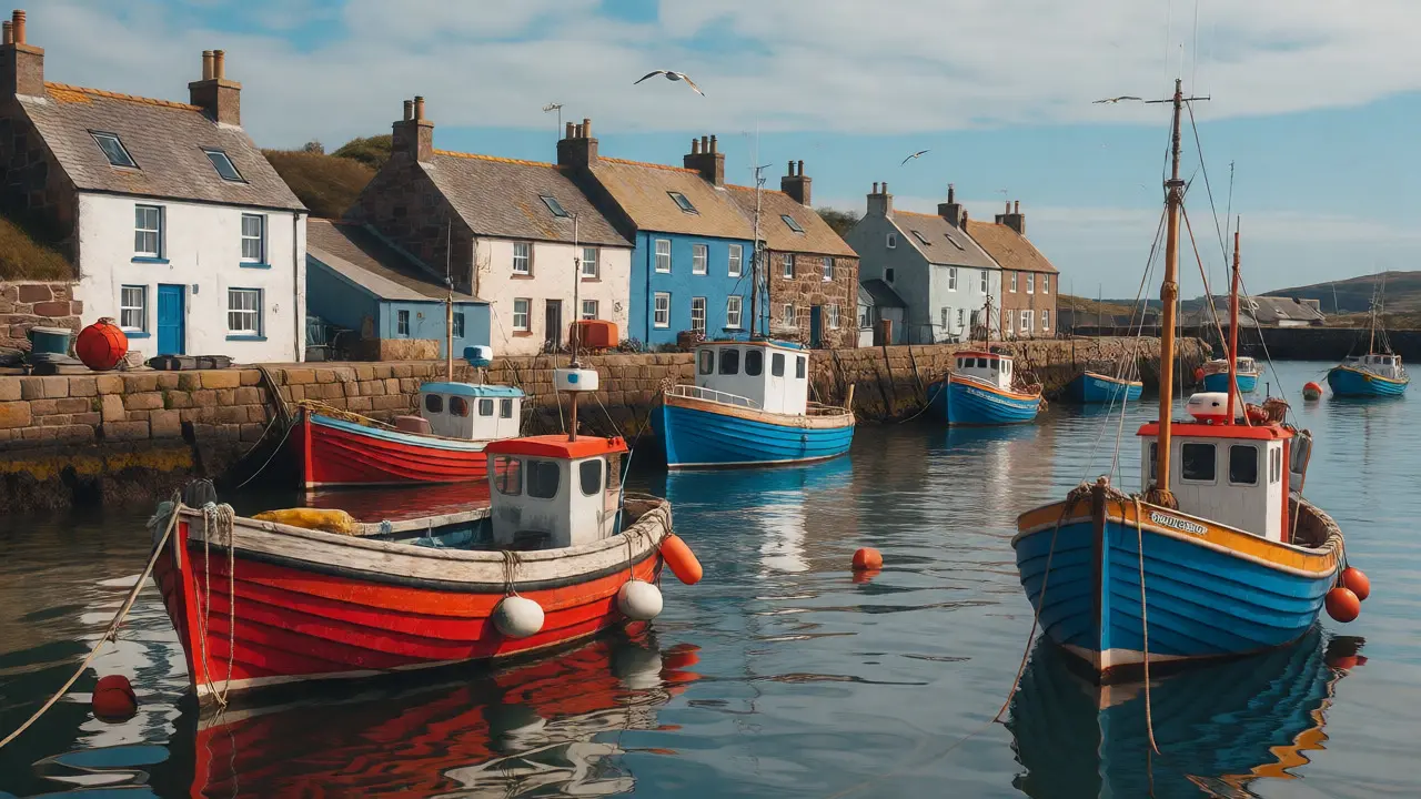 Traditional fishing boats docked at Anstruther harbor with stone cottages behind