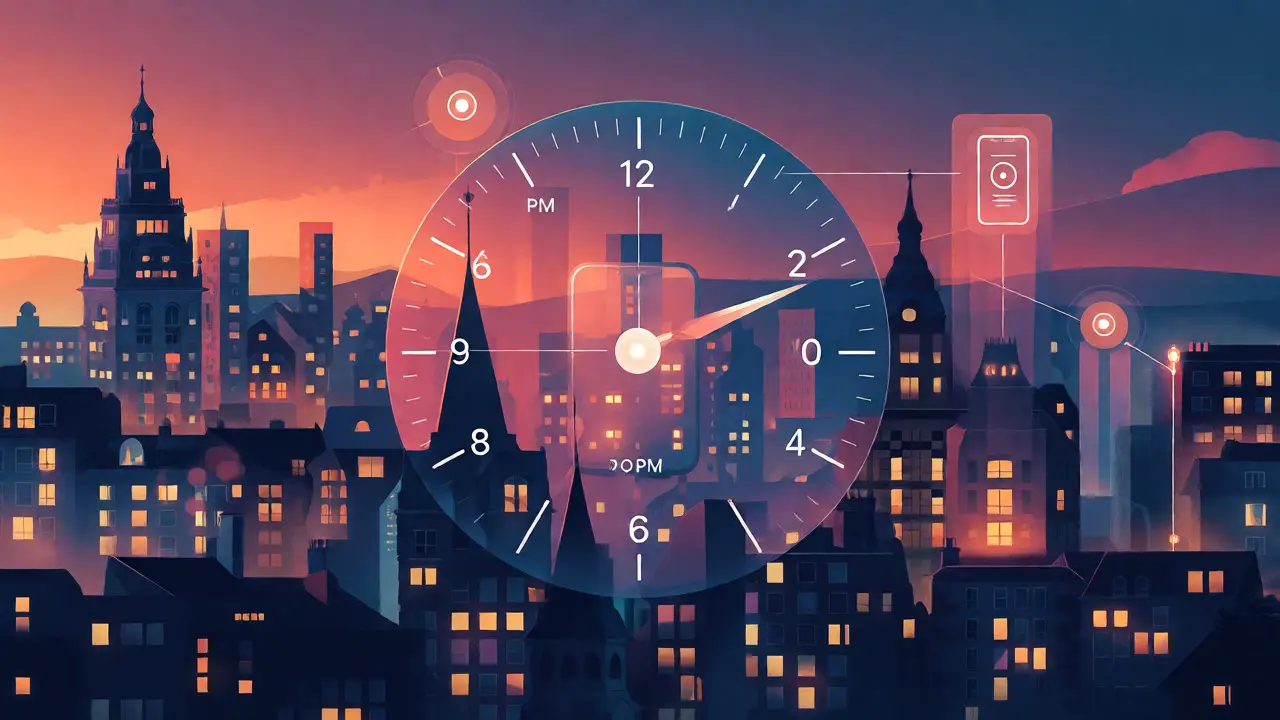 Twilight cityscape with clock overlay showing booking times