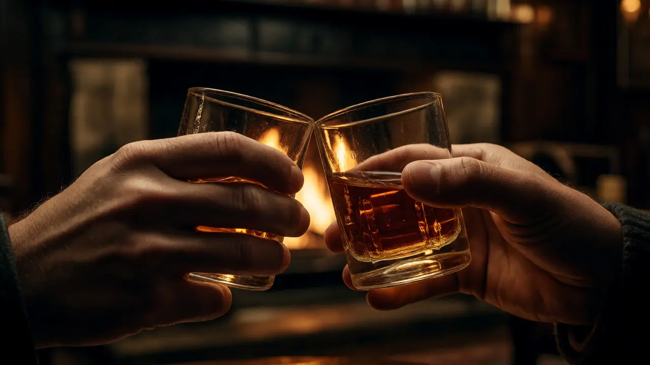 Two people gently clinking glasses of whisky in a dimly lit pub.