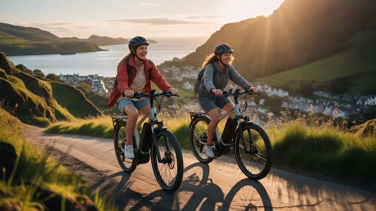 Two people ride e-bikes along a scenic coastal path overlooking the sea and hills.