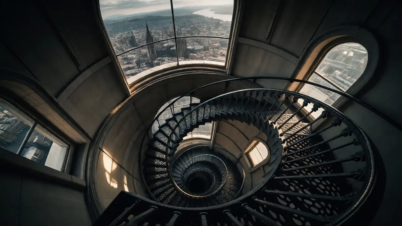 View down the spiral iron staircase from the top of the Clyde Tower