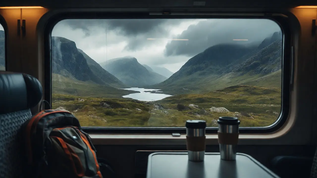 View from a train window showing Scottish Highland mountains