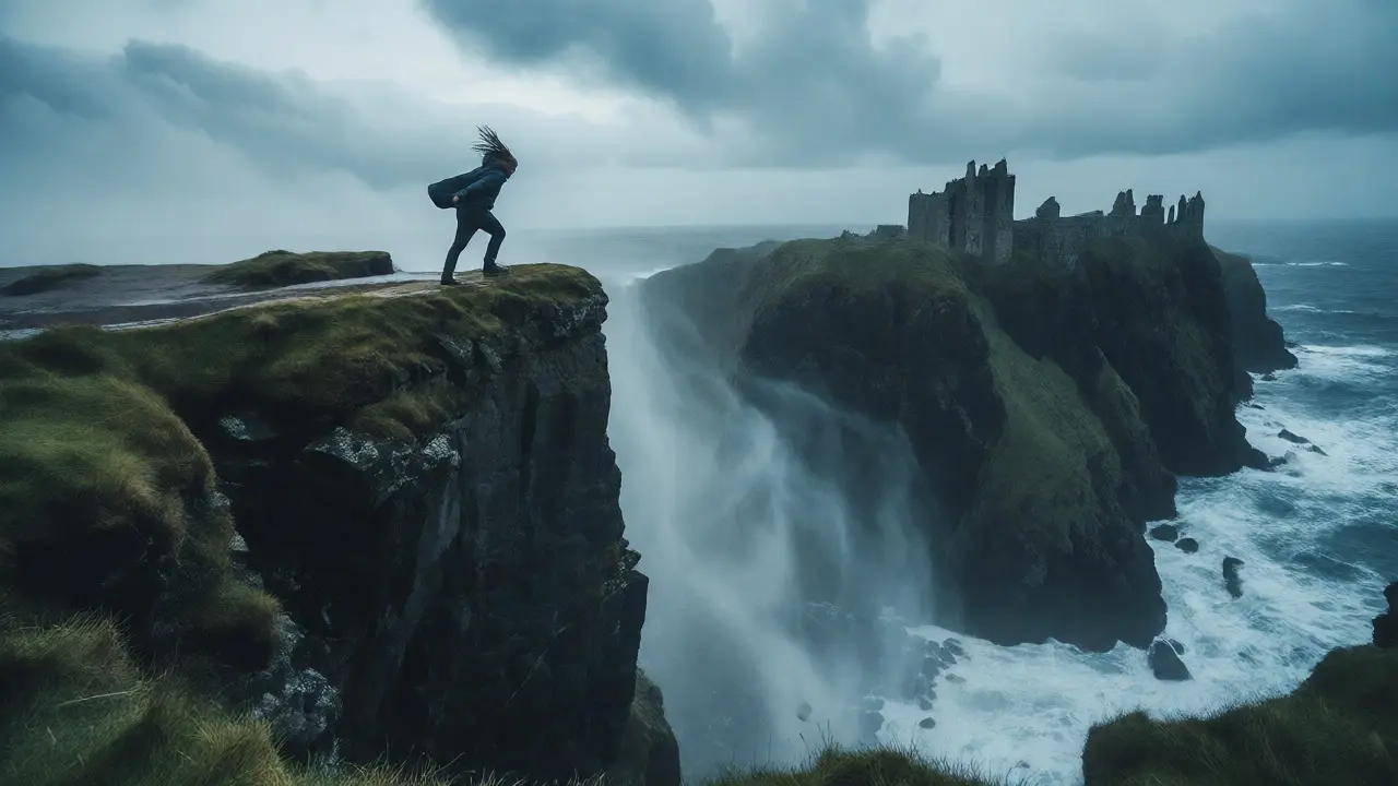 Visitor bracing against wind at the edge of a misty coastal cliff
