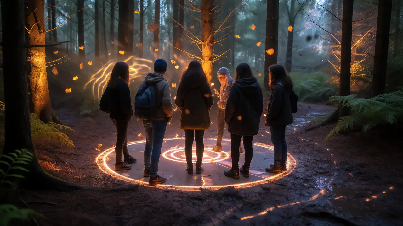 Visitors triggering digital falling leaves effect on a glowing forest path