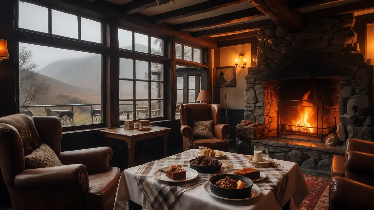 Warm cozy hotel lounge with fireplace and view of misty mountains
