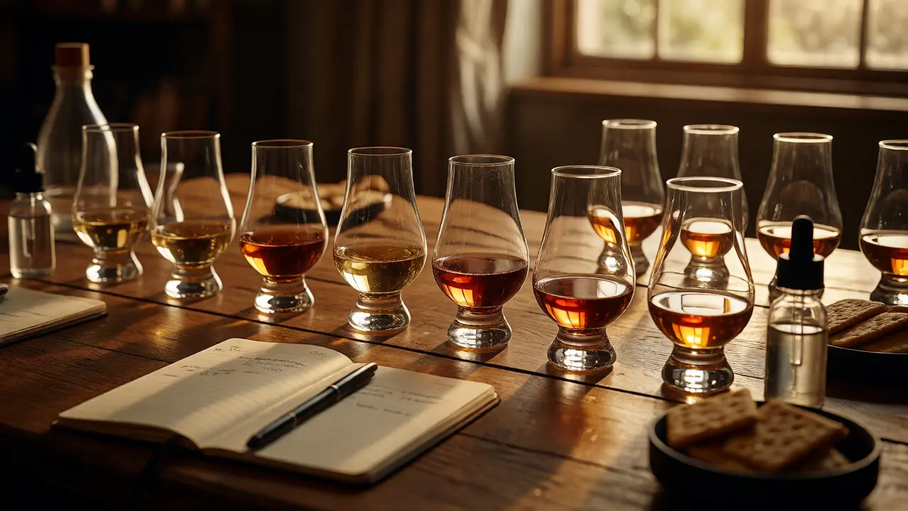 Whisky tasting setup with multiple glasses, water drops, and a notebook on a wooden table.
