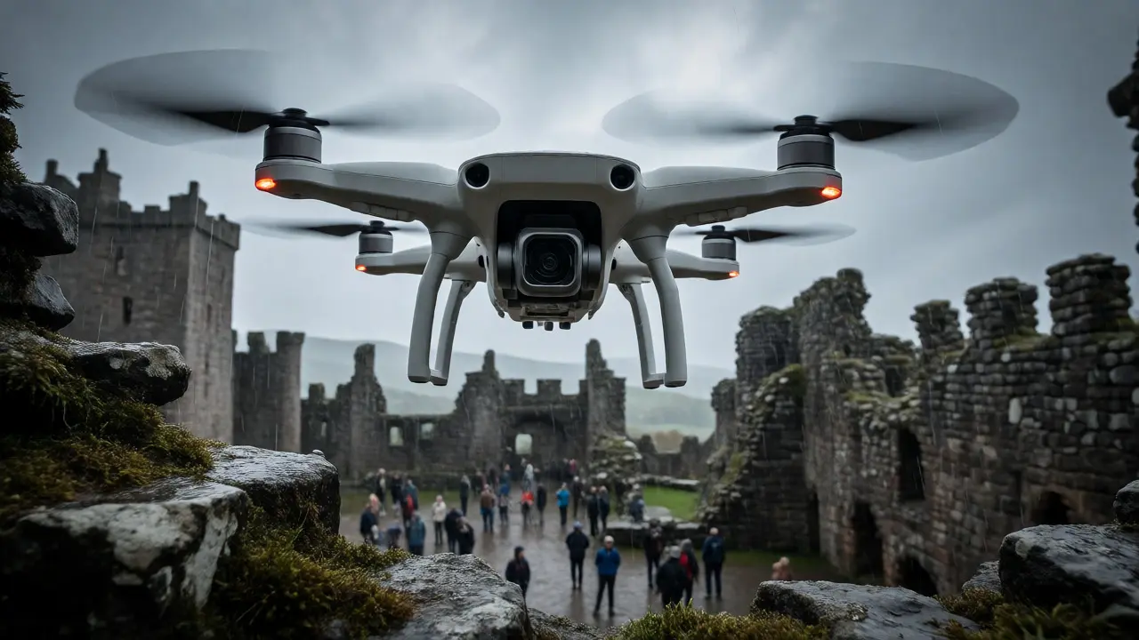 White drone hovering over Doune Castle ruins with tourists below