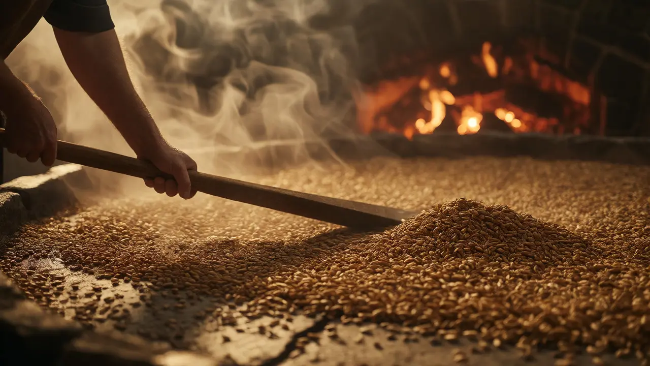 Worker turning barley on a malt floor with steam rising near a peat fire.